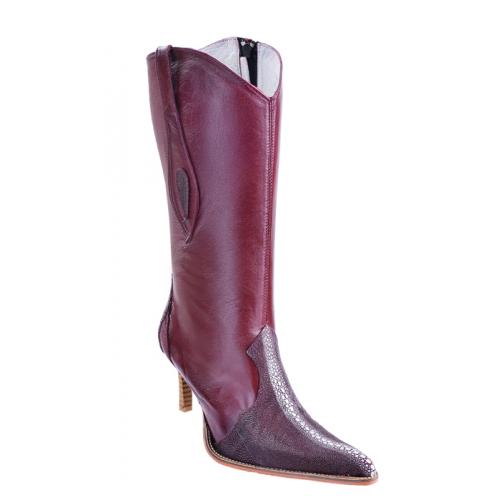 Los Altos Ladies Burgundy Genuine All-Over Stingray Rowstone High Top Boots With Zipper 371106